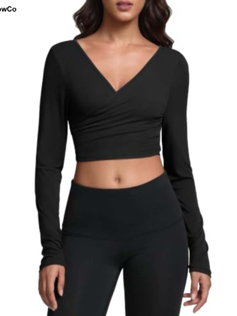 Sogetdo Cross Pilates Wrap Top Womens V Neck Loose Cropped Long Sleeve Yoga